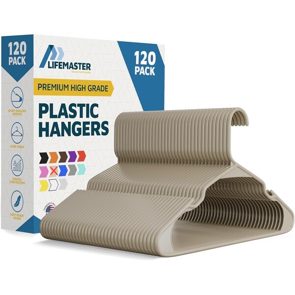 Lifemaster Heavy Duty Plastic Clothes Hangers, Non-Slip, Space-Saving, Holds 5 lbs, Ivory, 120PK LMPLCIVO120 - main