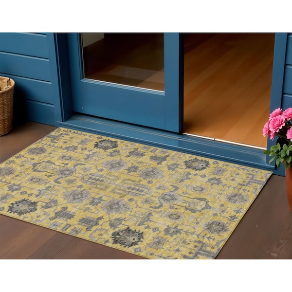 Homeroots 3' X 5' Yellow Gray And Charcoal Oriental Washable Indoor Outdoor Area Rug 582080 - main