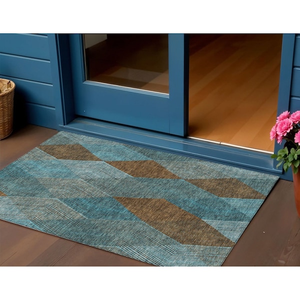 Homeroots 3' X 5' Teal Blue Aqua And Brown Argyle Washable Indoor Outdoor Area Rug 613735 - main