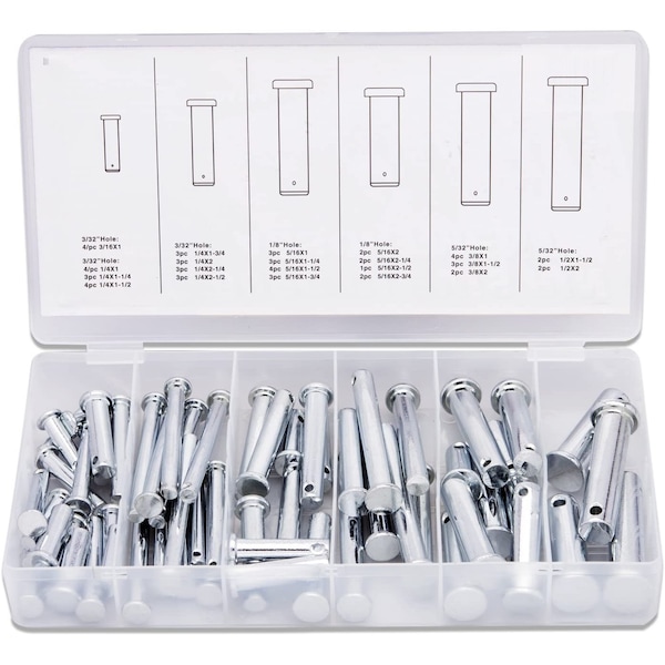 Neiko 60 Piece Clevis Pins Assortment Kit, 3/32 in, 1/8 in, and 5/32 in Hole Sizes 50414A - main