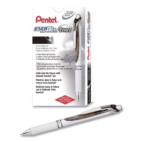 Pentel EnerGel Pearl Deluxe RTX Gel Pen, Retractable, Medium 0.7 mm, Black, Pearl White/Smoke Barrel, 12PK BL77PW-A - main
