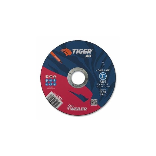 Weiler Tiger AO Cutting Wheel, 5 in dia x 0.045 in Thick, 7/8 in Arbor, A60T, Type 1, 25PK 804-57021 - main
