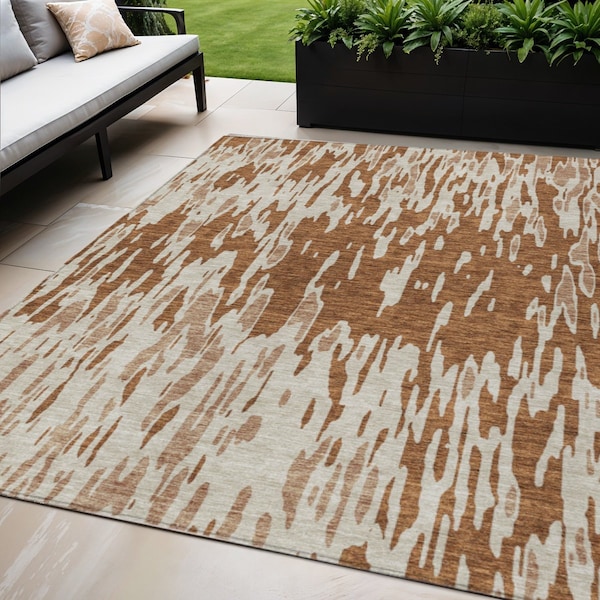 Homeroots 5' X 8' Orange And Ivory Abstract Washable Indoor Outdoor Area Rug 612690 - main