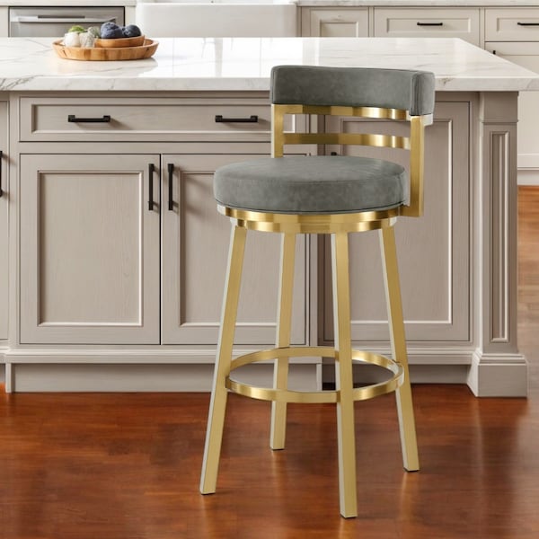 Homeroots 26" Gray and Gold Faux Leather and Stainless Steel Low Back Counter Height Swivel Bar Chair 569170 - main