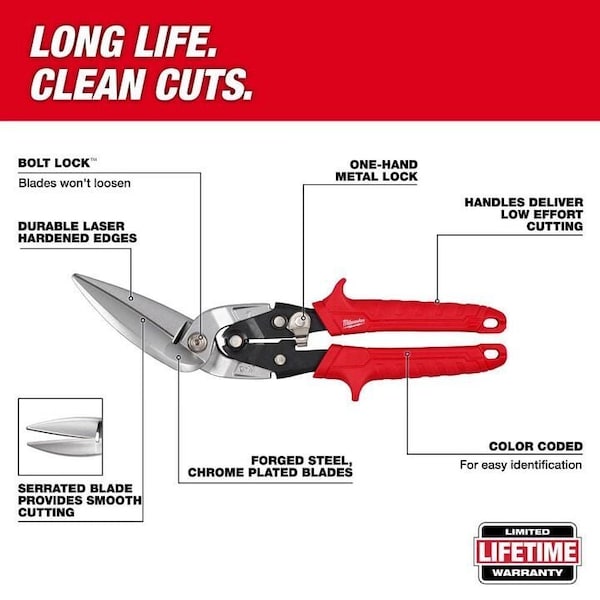 Milwaukee Tool Left Offset Long Cut Aviation Snips 48-22-4568 - main