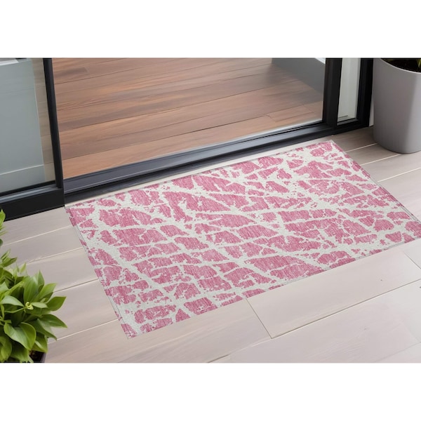 Homeroots 3' X 5' Pink and Ivory Abstract Washable Non Skid Indoor Outdoor Area Rug 559301 - main