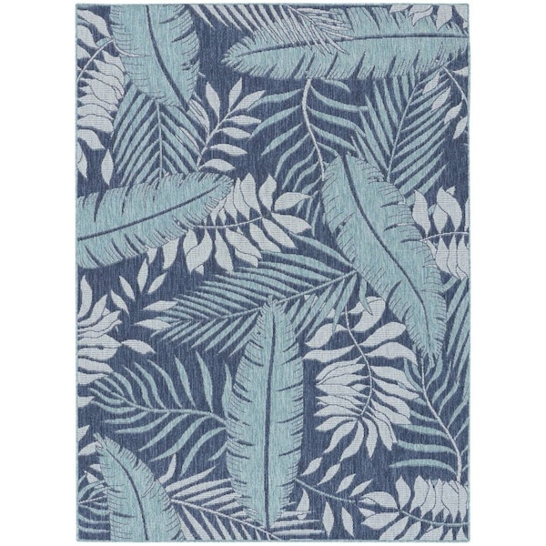 Homeroots 5' X 7' Navy Blue Sky Blue And Ivory Palm Leaf Indoor Outdoor Area Rug 552507 - main