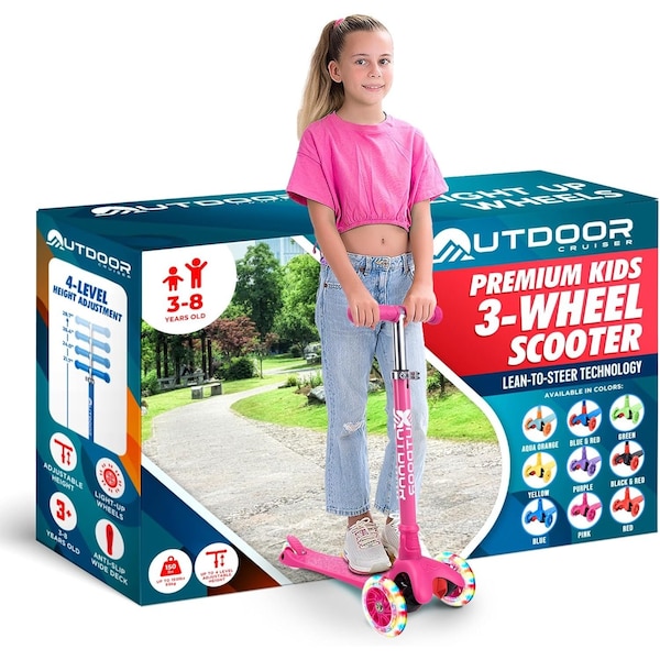 Outdoorcruiser Outdoor Cruiser 3-Wheel Kids Scooter, Lean-to-Steer, LED Wheels, Adjustable T-Bar, Pink. OCKSPINK - main