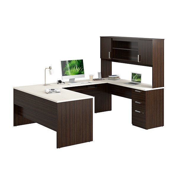 Bestar U Shaped Desk U-Shape Desk, 93-39/64" D X 65.9" H, 65" W X Melamine, White Chocolate 52414-31 - main
