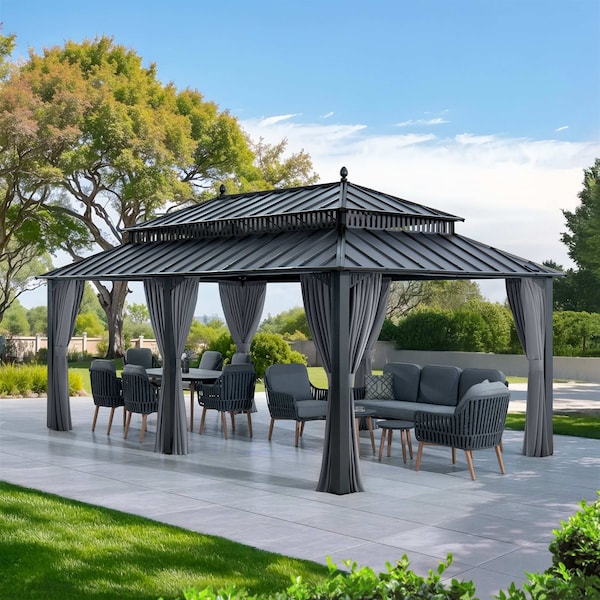 Sunjoy Kingston 20x12 Gazebo, Steel Hardtop Gazebo with Curtain and Netting - Gray Aluminum Posts A1020436A100 - main