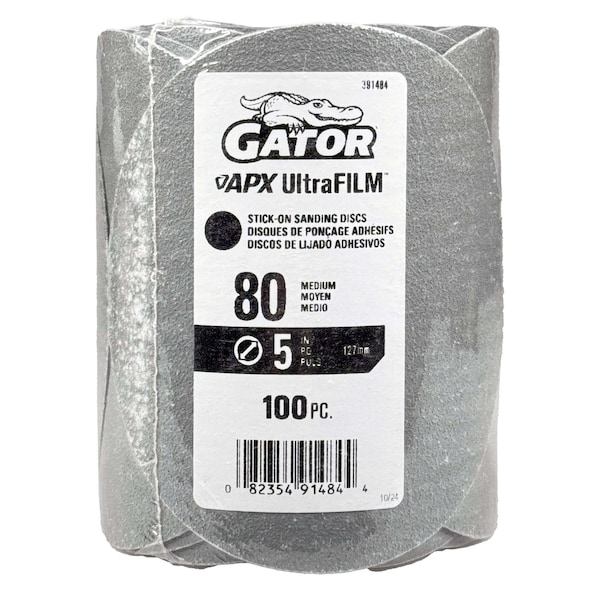 Gator Finishing 5 in. Premium Hook and Loop Sanding Disc, 80 Grit, 100PK 391484 - main