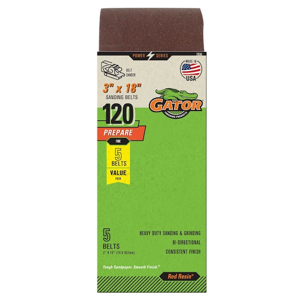 Gator Finishing Red Resin 3 x 18 in. Sanding Belt, 120 Grit, Fine, 5PK 7030GA - main
