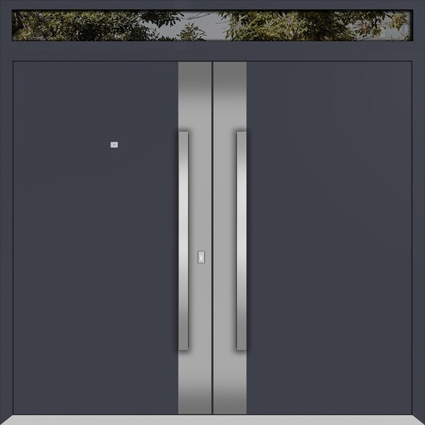 Vdomdoors Metal Double Doors Deux 0729 Gray Graphite Stainless Steel Insert Top Transom Entry Modern Painted DEUX0729DEXD-GRE-W72xH80+14-RH-I - main