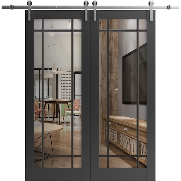 Sartodoors Sturdy Double Barn Door with Clear Glass, Lucia 2266 Matte Black and Aluminum Strips, 13FT Rail Ha LUCIA2266DB-S-BLK-72 x 84 (2* 36x84) - main