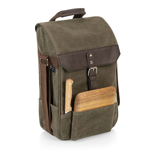 Picnic Time Family Of Brands 2 Bottle Insulated Wine & Cheese Cooler Tote, Khaki Green with Brown Accents 540-04-140-000-0 - main