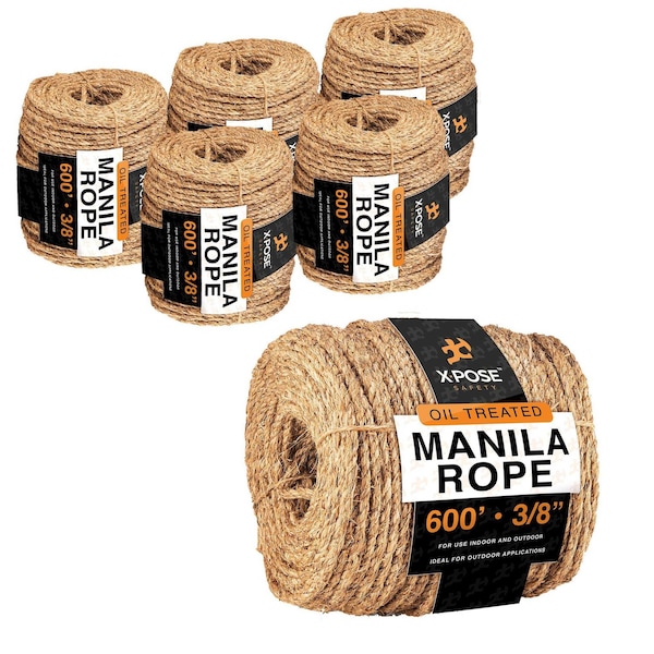 Xpose Safety Manila Rope, 3/8 Inch 600ft 3-Strand Natural Fiber Cordage for Crafts & Outdoor Use, 6PK MR38-600-6-X-S - main