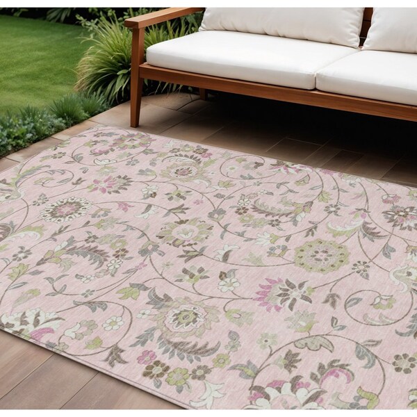 Homeroots 8' X 10' Pink Green And Gray Floral Washable Indoor Outdoor Area Rug 597839 - main