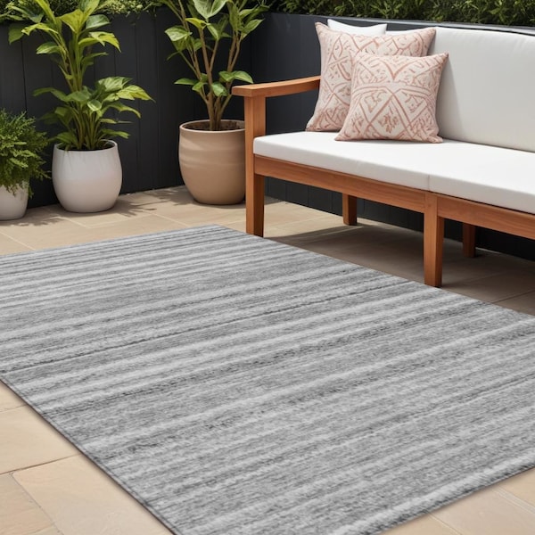 Homeroots 9' X 12' Gray Silver And Charcoal Striped Washable Indoor Outdoor Area Rug 577785 - main
