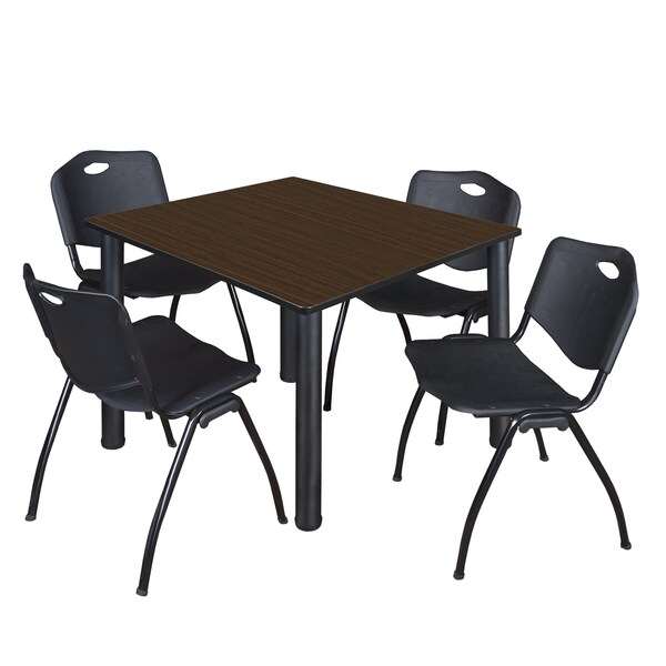 Regency Square Kee Breakroom Table W/ 4 M Stack Chairs, 48 in W, 48 in L, Neo Walnut TB4848NWBPBK47BK - main