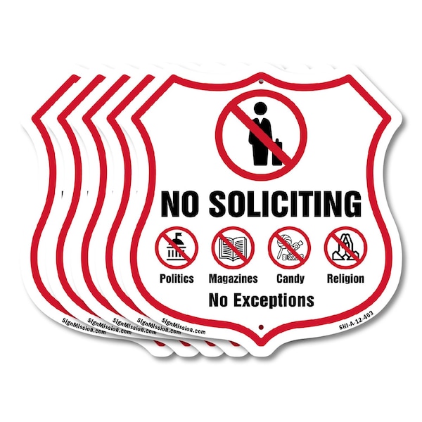 Signmission No Soliciting Shield Sign No Politics Ma, 12 inch X 12 inch, Aluminum Metal Sign, 5PK SHI-A-5Pack-12-403 - main