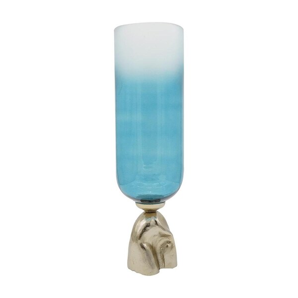 Homeroots 21" Blue White And Gold Ombre Glass And Aluminum Pedestal Table Vase 565457 - main