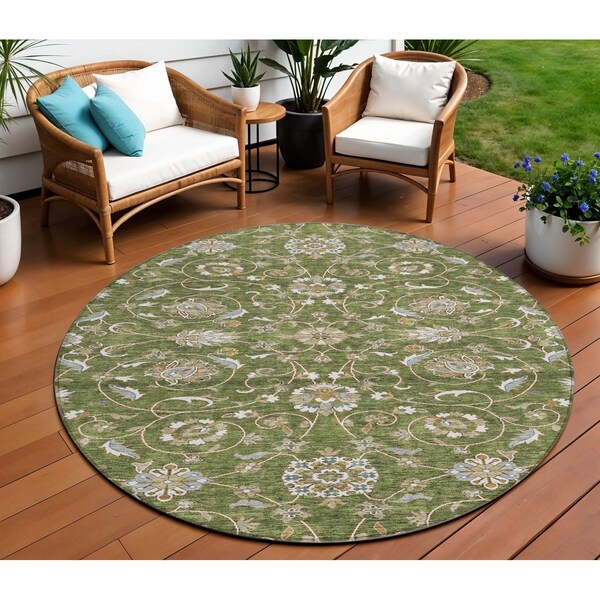 Homeroots 8' Olive Green Brown And Ivory Round Moroccan Washable Indoor Outdoor Area Rug 605171 - main