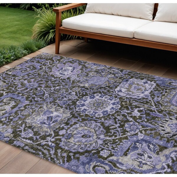 Homeroots 9' X 12' Purple And Black Damask Washable Indoor Outdoor Area Rug 609104 - main