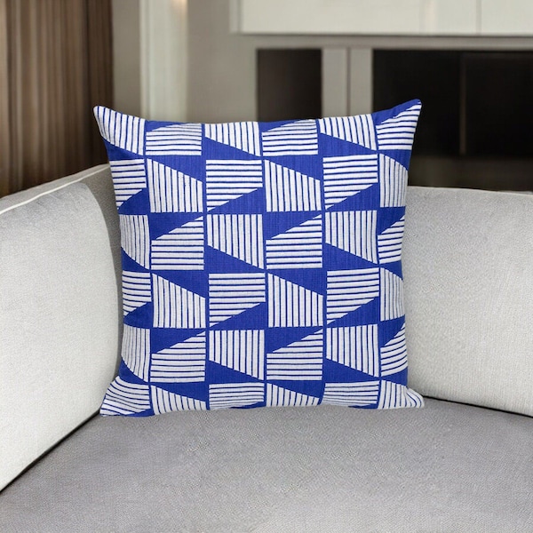 Homeroots 18" Blue and White Geometric Cotton Throw Pillow With Embroidery 529320 - main