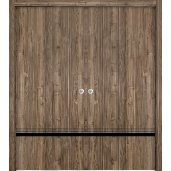 Sartodoors Sliding Closet Double Bi-fold Doors, Planum 0012 Walnut and Aluminum Strips, Sturdy Tracks Moldings PLANUM0012DBF-WLN-96 x 80 (4* 24x80) - main