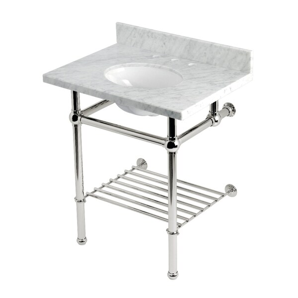 Kingston Brass 30-Inch Carrara Marble Console Sink with Brass Legs and Shelf, 8-Inch, 3-Hole KVPB30MBB6 - main