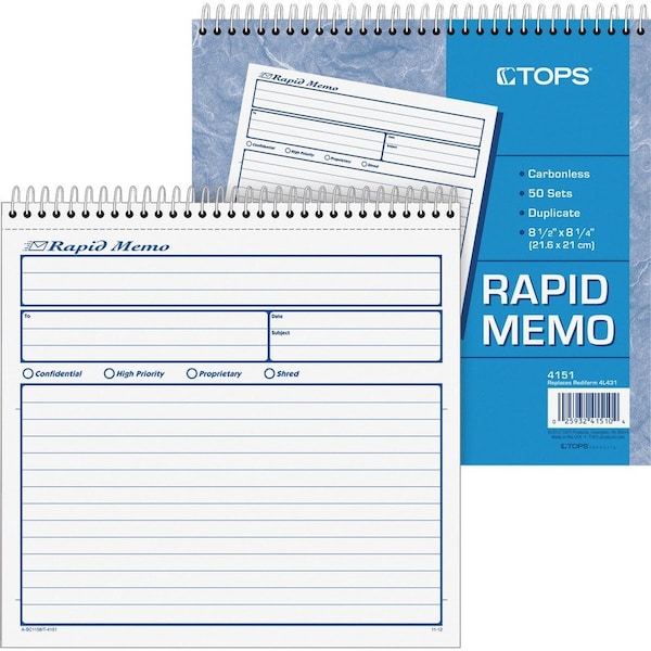 Tops Business Forms Tops Rapid Memo Book, 2-Part, Carbonless, 8-1/2" x 8-1/4", 50 Sets/Book 4151 - main