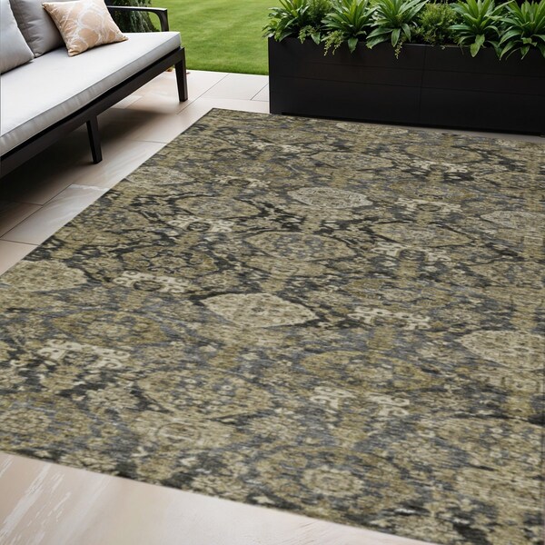 Homeroots 8' X 10' Charcoal And Beige Damask Washable Indoor Outdoor Area Rug 603380 - main