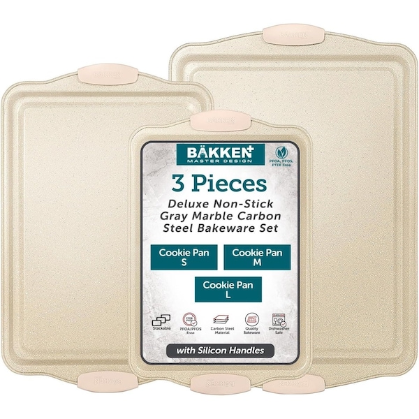 Bakken-Swiss BAKKEN 3-Piece Nonstick Cookie Sheets Set, Carbon Steel with Silicone Handles, White Marble BKBSMARWHT3 - main