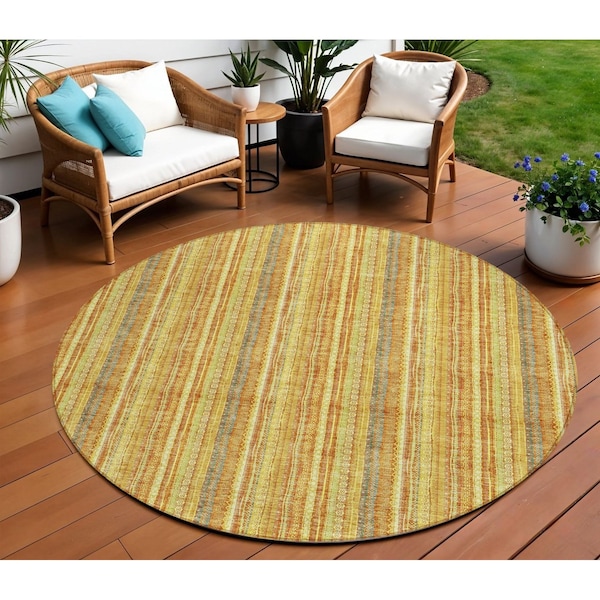 Homeroots 8' Gold And Copper Round Striped Washable Indoor Outdoor Area Rug 615057 - main