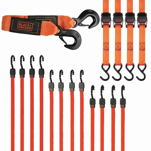 Black & Decker B+D 17Pc Tie Down Kit With Tow Strap/Cambuckle Straps/Premium Flat Bungees BDX1016 - main