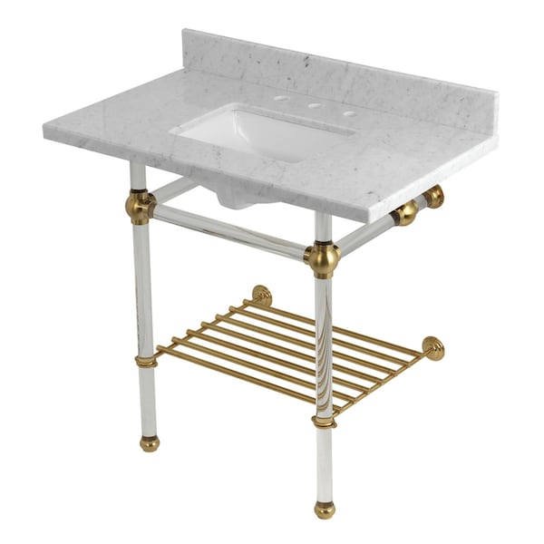 Kingston Brass 36-Inch Carrara Marble Console Sink with Acrylic Legs and Shelf, 8-Inch, 3-Hole KVPB36MASQB7 - main