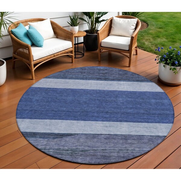 Homeroots 8' Navy Blue Sky Blue And Charcoal Round Abstract Washable Indoor Outdoor Area Rug 615280 - main