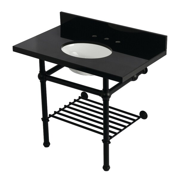 Kingston Brass 36" Black Granite Console Sink with Brass Legs and Shelf, 8-Inch, 3-Hole, Black Granite/Matte Black KVPK3630KBB0 - main