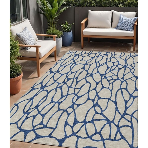 Homeroots 5' X 8' Beige And Blue Geometric Washable Indoor Outdoor Area Rug 599173 - main