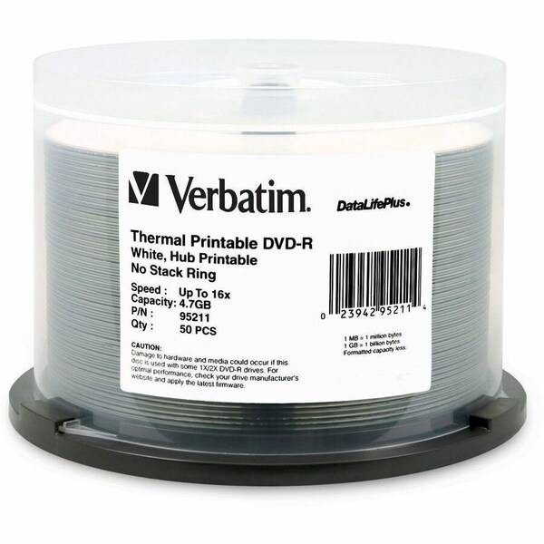 Verbatim DVD-R 4.7GB 16X DataLifePlus White Thermal Printable, Hub Printable - 50pk Spindle 95211 - main