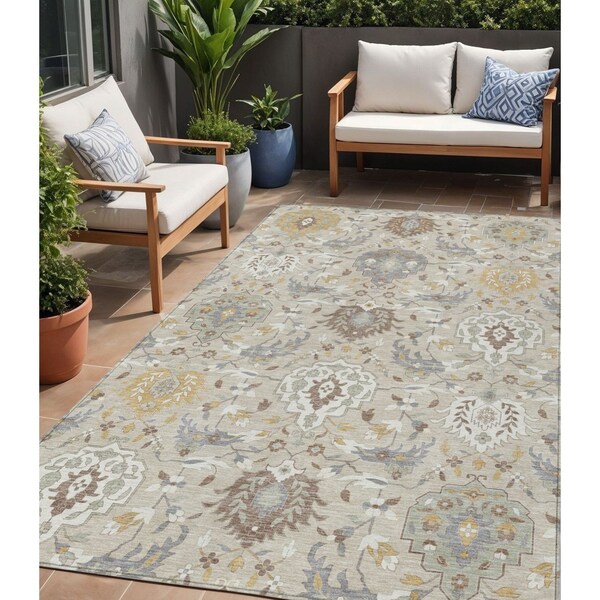 Homeroots 5' X 8' Beige Brown And Green Damask Washable Indoor Outdoor Area Rug 599395 - main