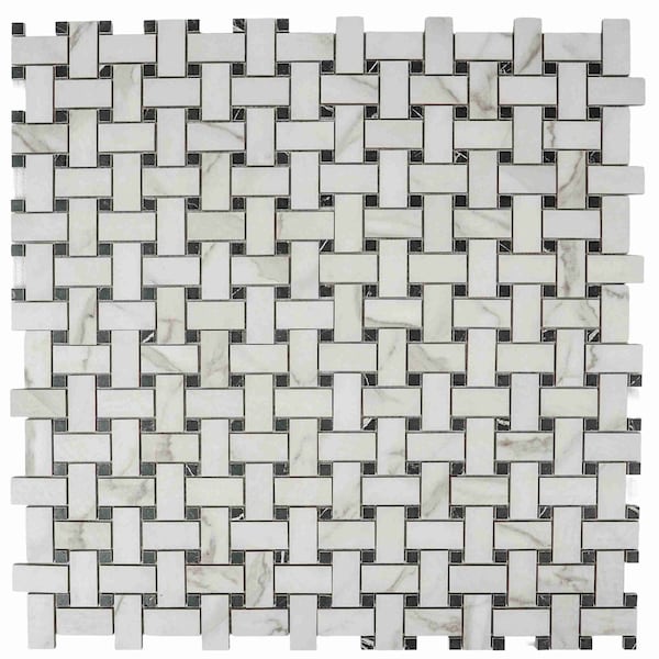 Apollo Tile Regalia 12x12 in. Ivory White, Black Matte Gres Porcelain Basketweave Mosaic Tile, 6PK VEL88OROBSKMOSA - main