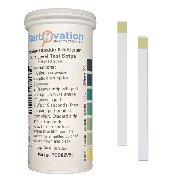 Bartovation Chlorine Dioxide Single Factor Test Strips, 0-500 ppm ( Vial of 50 Strips) PCD02V50 - main