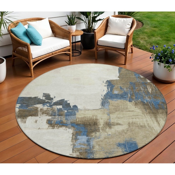 Homeroots 8' Beige And Brown Round Abstract Washable Indoor Outdoor Area Rug 609156 - main