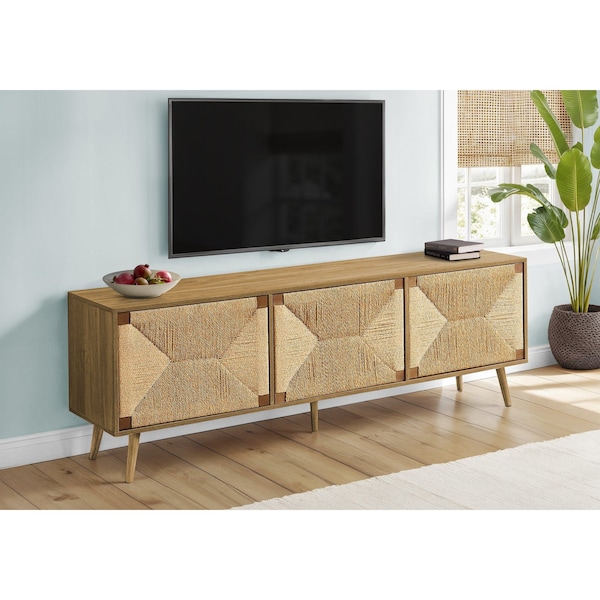 Monarch Specialties TV Stand, 72'', Media Entertainment Center, Walnut Laminate, Natural Seagrass, Mid Century I 2793 - main