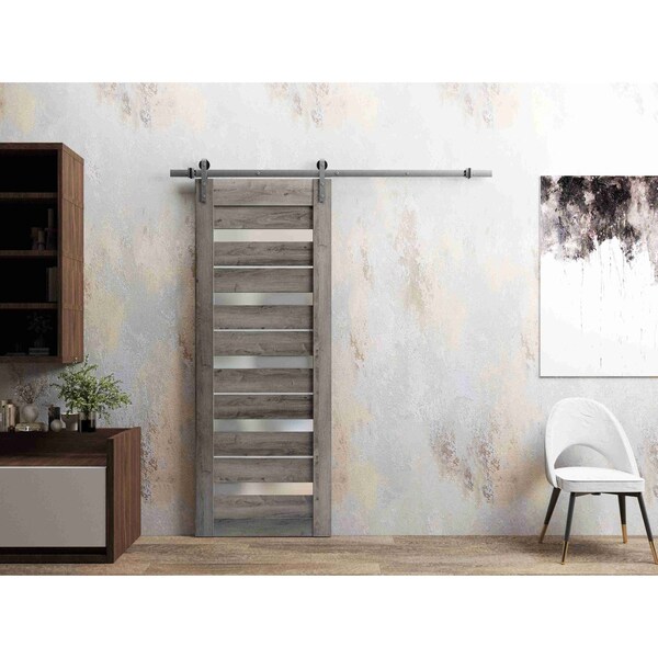 Sartodoors Sturdy Barn Door 24 x 84in, Nebraska Grey W/ Frosted Glass, SS 6.6FT Rail Hangers Heavy Set QUADRO4445BD-S-NEB-2484 - main