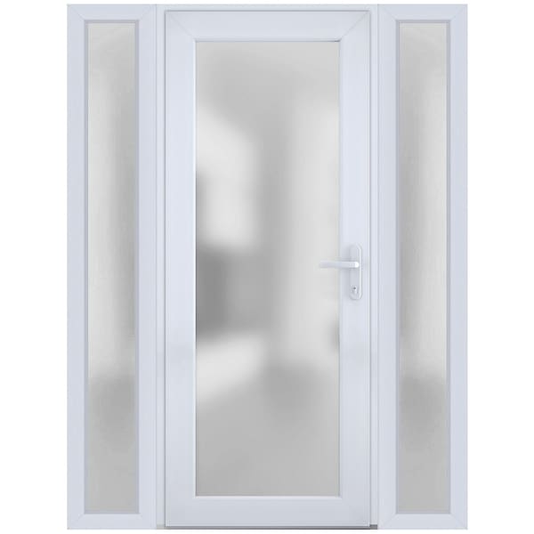 Vdomdoors Front Exterior Prehung FiberGlass Door Frosted Glass / Manux 8102 White Silk / 2 Sidelight Exterior MANUX8102EXD-WS-W14+30+14 x H80-LH - main
