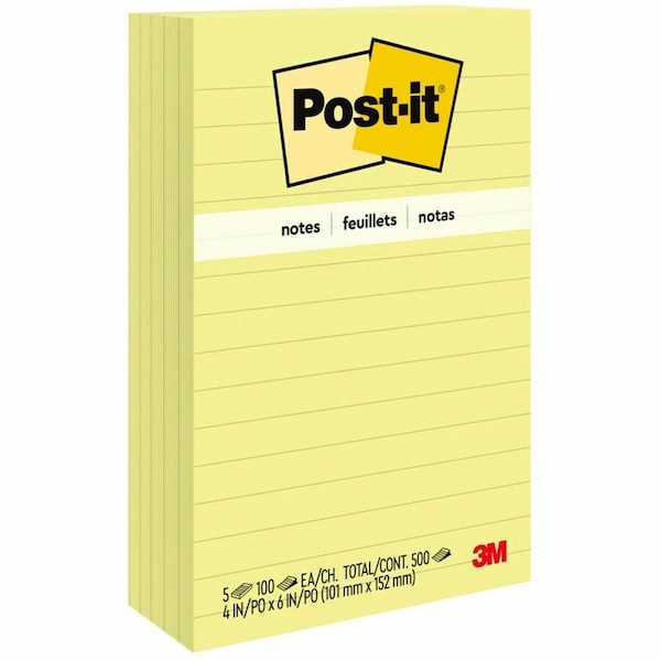 3M Post-it Note Pads 6605PK, 4" x 6", Canary Yellow, 30 Sheets, 5/Pack 6605PK - main