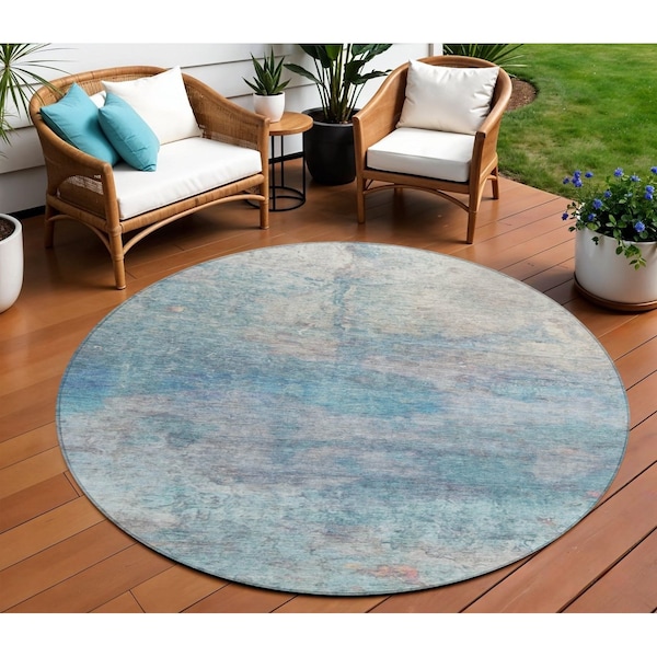 Homeroots 8' Aqua And Beige Round Abstract Washable Indoor Outdoor Area Rug 631445 - main
