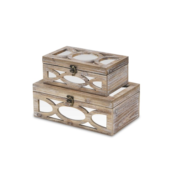 Homeroots Set of Two Natural And White Solid Wood And Mirrored Glass Box With Lid, 2PK 489397 - main
